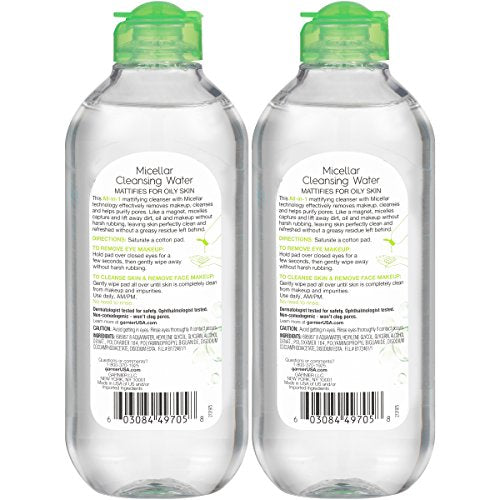 Garnier Micellar Water for Oily Skin, Facial Cleanser & Makeup Remover, Mattifying, For All Skin Types, Vegan, Cruelty Free, 13.5 Fl Oz (400mL), 2 Count