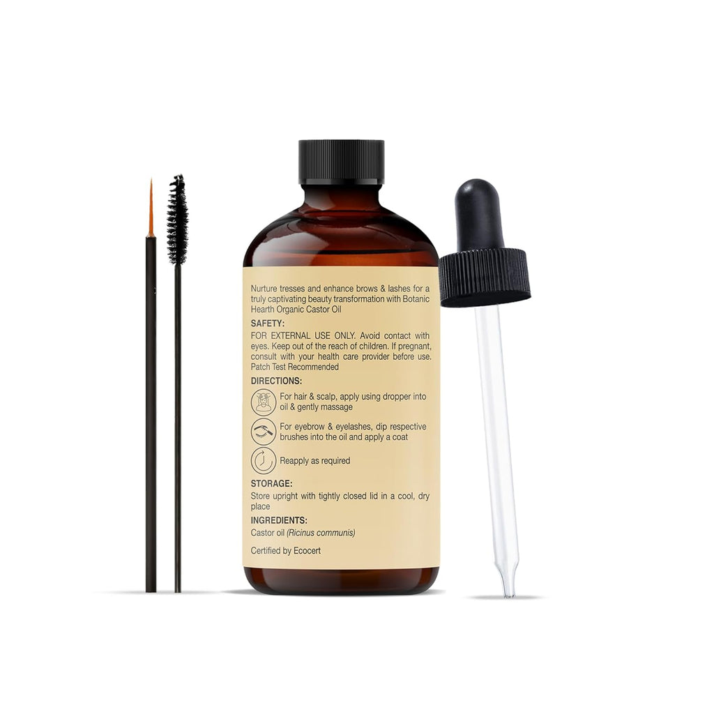 Botanic Hearth Castor Oil (2 Fl Oz) | Usda Organic | 100% Pure, Cold Pressed & Hexane Free | For Hair, Eyelashes, Eyebrows & Scalp Treatment | With Lash & Brow Brush