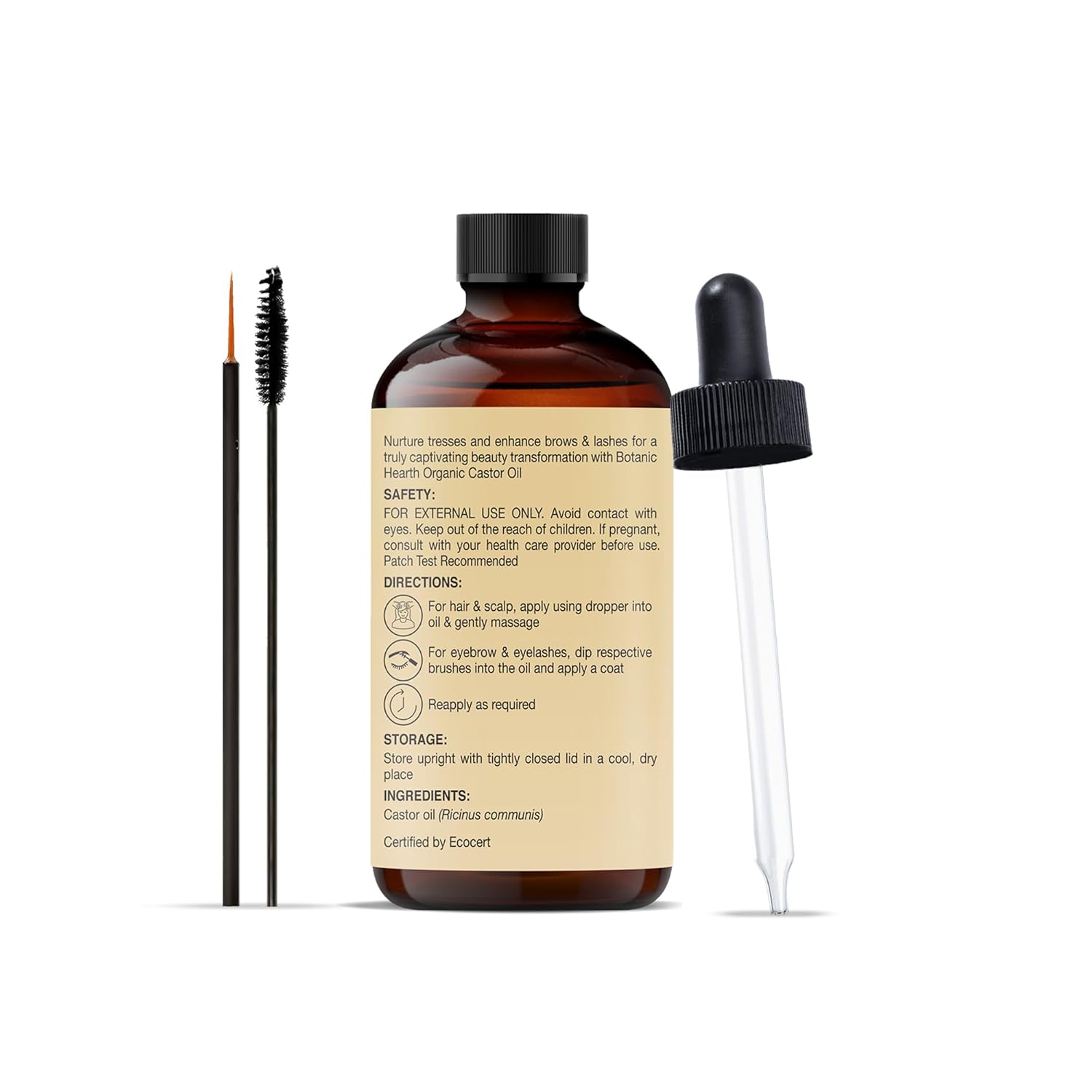 Botanic Hearth Castor Oil (2 Fl Oz) | Usda Organic | 100% Pure, Cold Pressed & Hexane Free | For Hair, Eyelashes, Eyebrows & Scalp Treatment | With Lash & Brow Brush