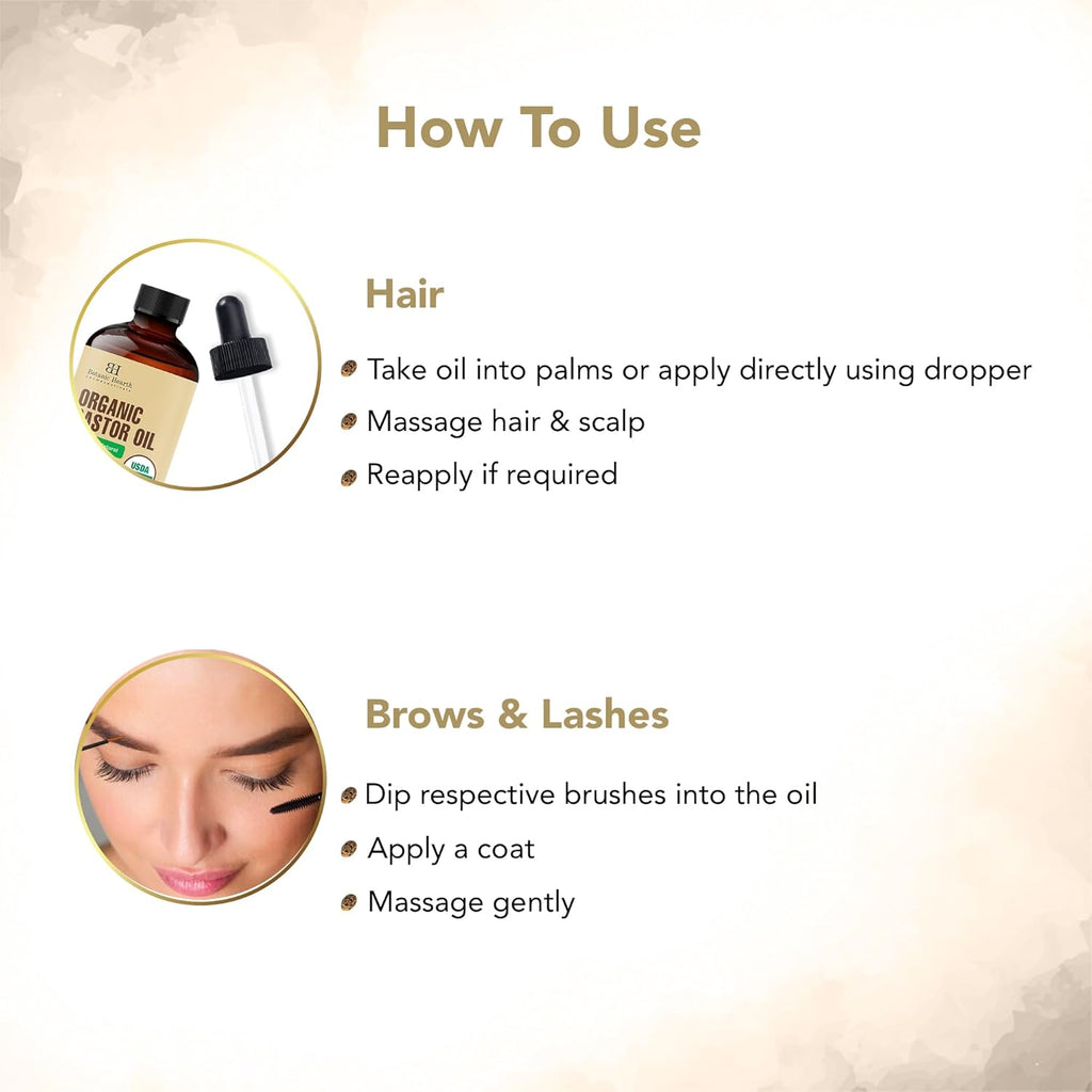 Botanic Hearth Castor Oil (2 Fl Oz) | Usda Organic | 100% Pure, Cold Pressed & Hexane Free | For Hair, Eyelashes, Eyebrows & Scalp Treatment | With Lash & Brow Brush