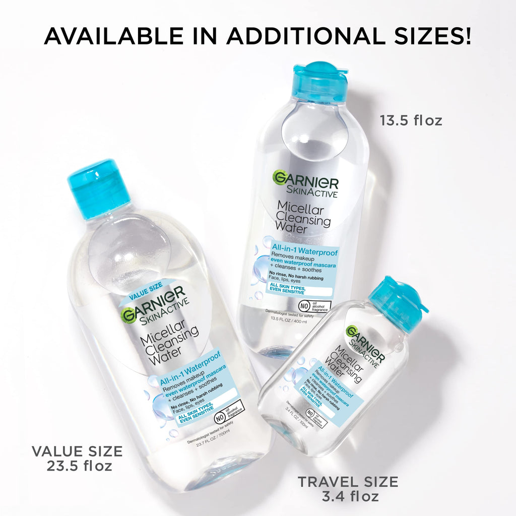 Garnier Micellar Water for Waterproof Makeup, Hydrating Facial Cleanser & Makeup Remover, Suitable for Sensitive Skin, Vegan, Cruelty Free, 13.5 Fl Oz (400mL), 2 Count