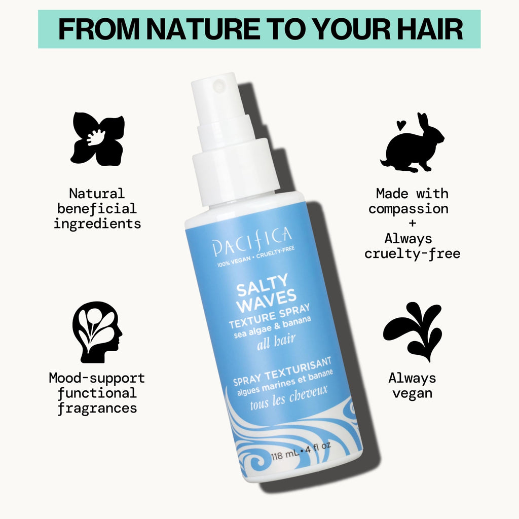 Pacifica Beauty, Salty Waves Texture Sea Salt Spray for Hair, Beachy Waves, Wavy Hair Products, Hydrating, Banana Scent, Curl Enhancing, Paraben Free, Sulfate Free, Vegan & Cruelty Free