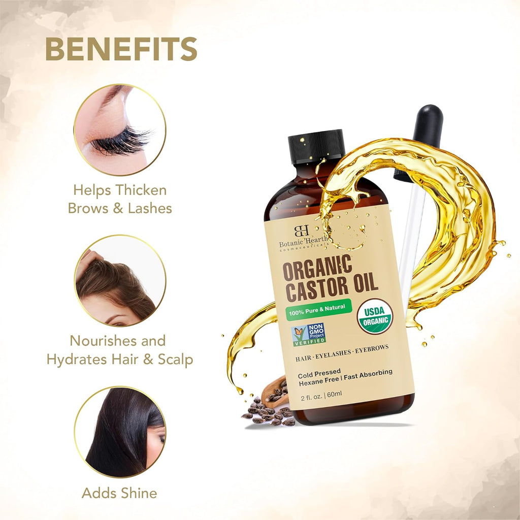 Botanic Hearth Castor Oil (2 Fl Oz) | Usda Organic | 100% Pure, Cold Pressed & Hexane Free | For Hair, Eyelashes, Eyebrows & Scalp Treatment | With Lash & Brow Brush