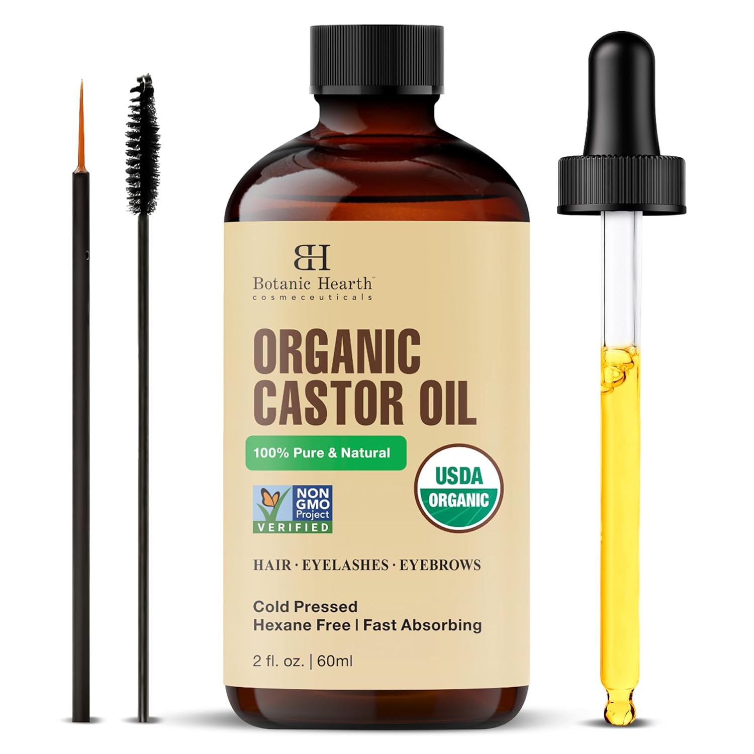 Botanic Hearth Castor Oil (2 Fl Oz) | Usda Organic | 100% Pure, Cold Pressed & Hexane Free | For Hair, Eyelashes, Eyebrows & Scalp Treatment | With Lash & Brow Brush