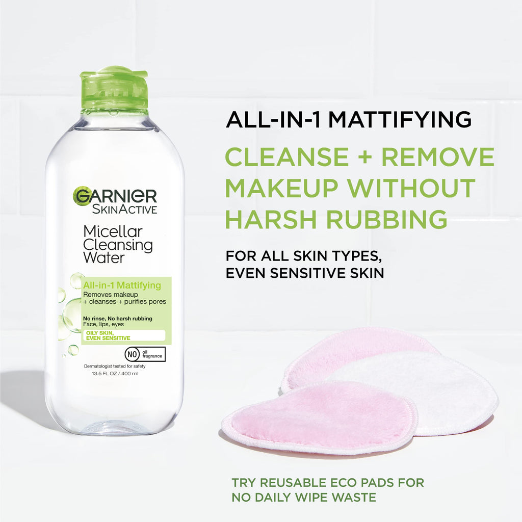 Garnier Micellar Water for Oily Skin, Facial Cleanser & Makeup Remover, Mattifying, For All Skin Types, Vegan, Cruelty Free, 13.5 Fl Oz (400mL), 2 Count