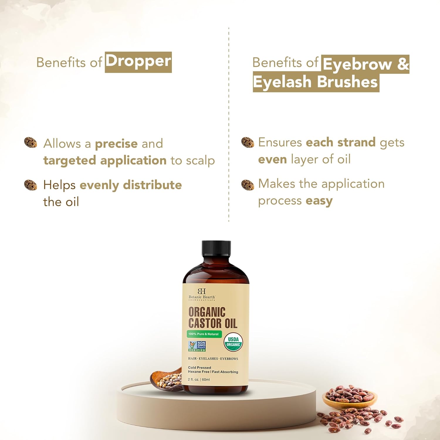 Botanic Hearth Castor Oil (2 Fl Oz) | Usda Organic | 100% Pure, Cold Pressed & Hexane Free | For Hair, Eyelashes, Eyebrows & Scalp Treatment | With Lash & Brow Brush