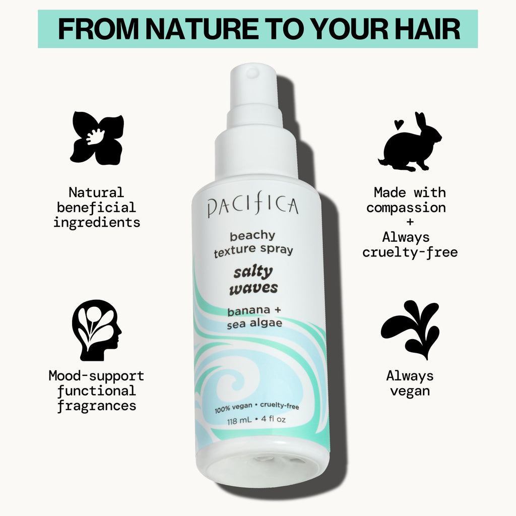 Pacifica Beauty, Salty Waves Texture Sea Salt Spray for Hair, Beachy Waves, Wavy Hair Products, Hydrating, Banana Scent, Curl Enhancing, Paraben Free, Sulfate Free, Vegan & Cruelty Free