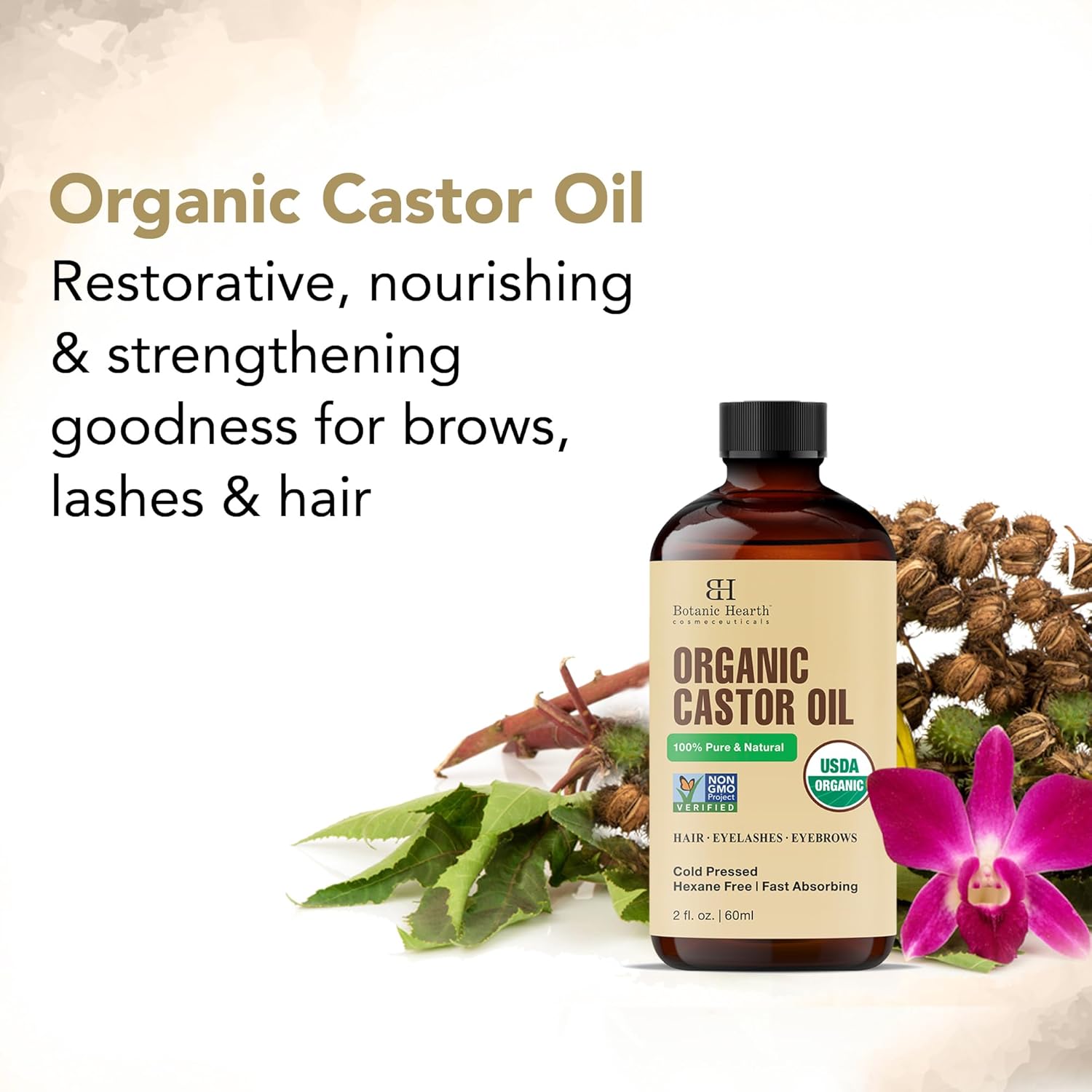 Botanic Hearth Castor Oil (2 Fl Oz) | Usda Organic | 100% Pure, Cold Pressed & Hexane Free | For Hair, Eyelashes, Eyebrows & Scalp Treatment | With Lash & Brow Brush