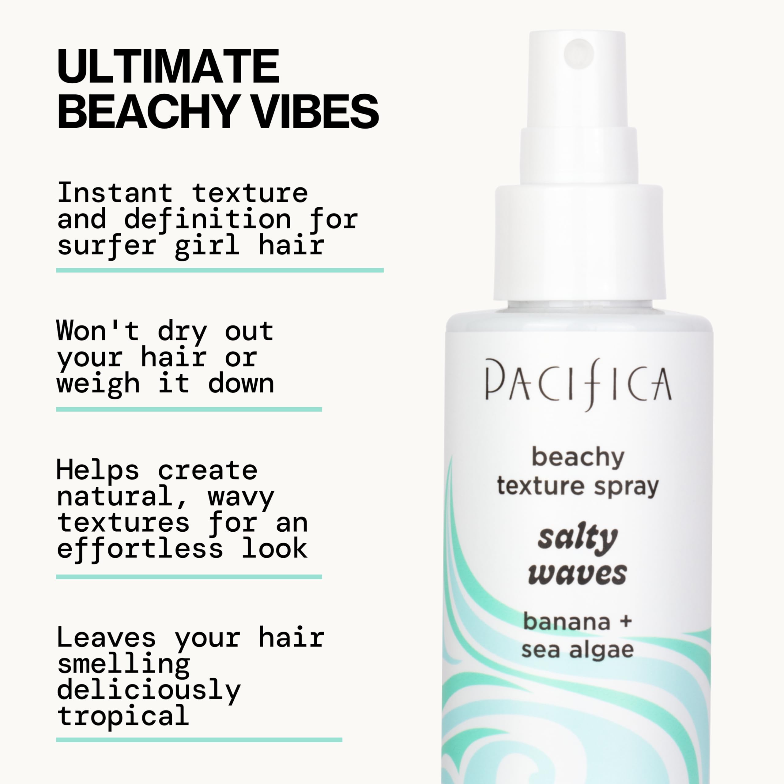 Pacifica Beauty, Salty Waves Texture Sea Salt Spray for Hair, Beachy Waves, Wavy Hair Products, Hydrating, Banana Scent, Curl Enhancing, Paraben Free, Sulfate Free, Vegan & Cruelty Free