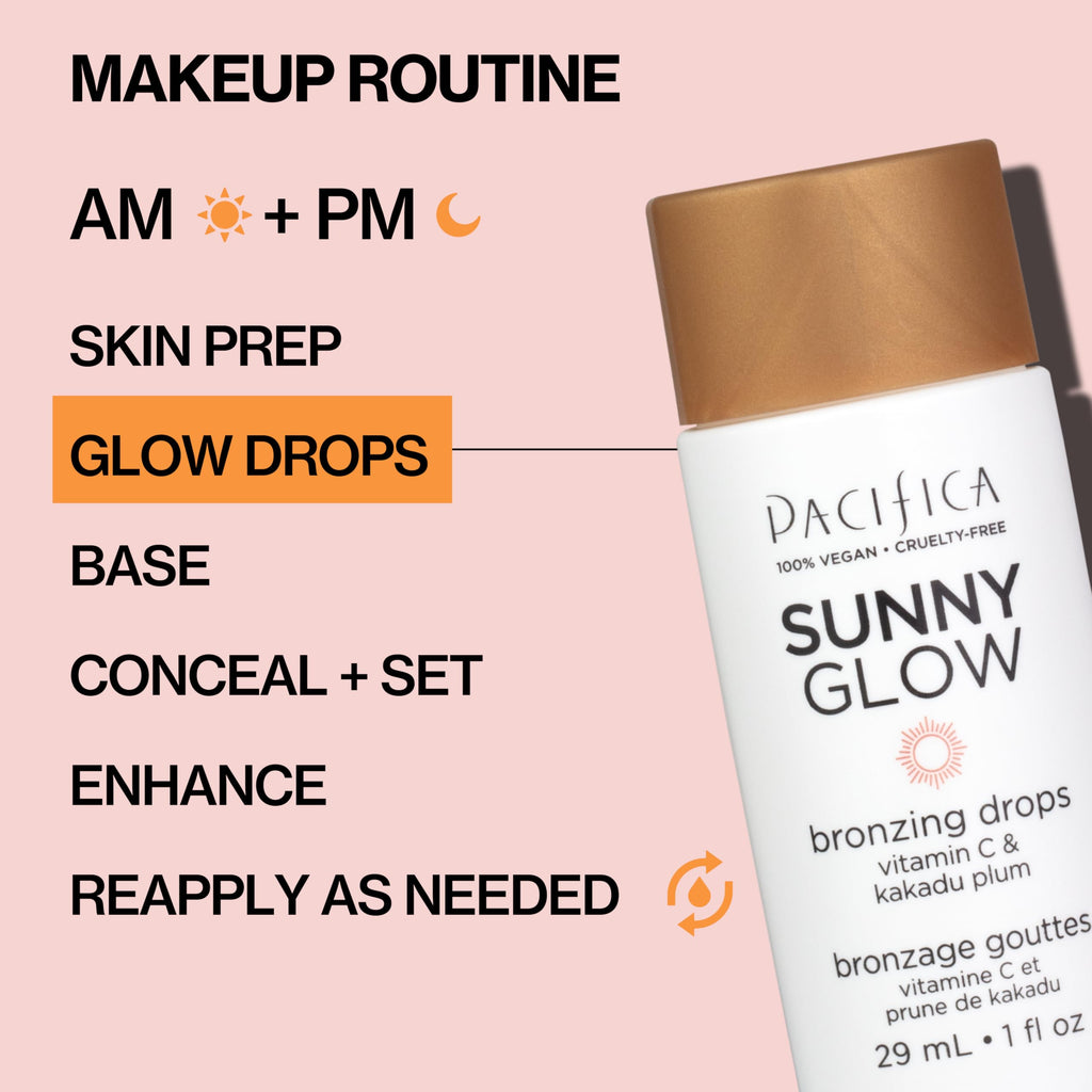 Pacifica Sunny Glow Liquid Face Bronzer Drops - Face Makeup Bronzing For Face & Cheeks for Instant Sun-Kissed Glow - Vitamin C & Glycolic Acid Infused Liquid Bronzer Illuminating Highlighting Clean