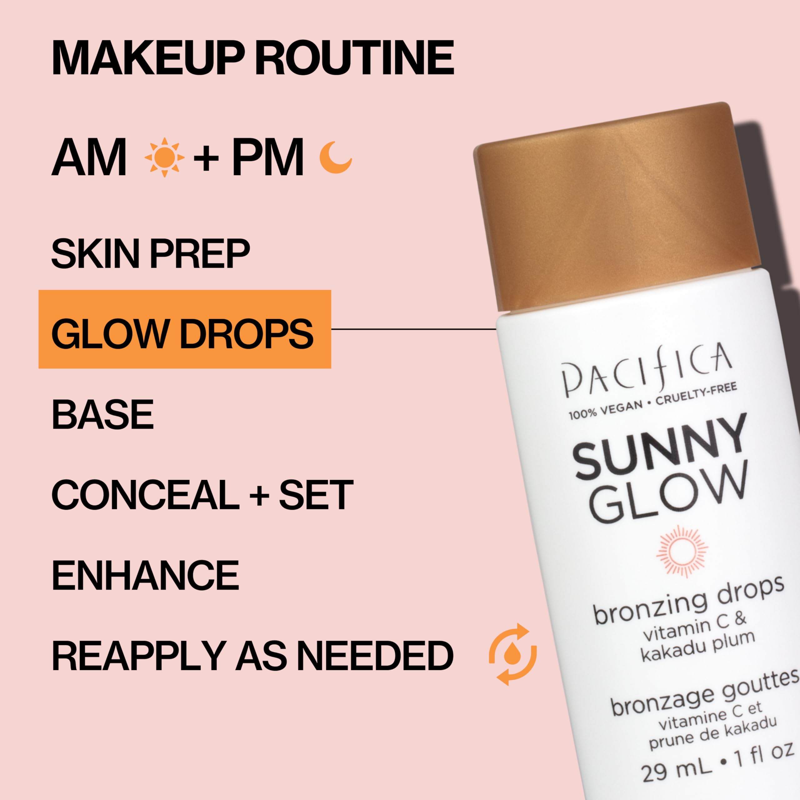 Pacifica Sunny Glow Liquid Face Bronzer Drops - Face Makeup Bronzing For Face & Cheeks for Instant Sun-Kissed Glow - Vitamin C & Glycolic Acid Infused Liquid Bronzer Illuminating Highlighting Clean