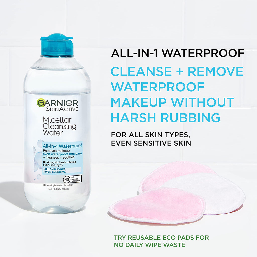 Garnier Micellar Water for Waterproof Makeup, Hydrating Facial Cleanser & Makeup Remover, Suitable for Sensitive Skin, Vegan, Cruelty Free, 13.5 Fl Oz (400mL), 2 Count