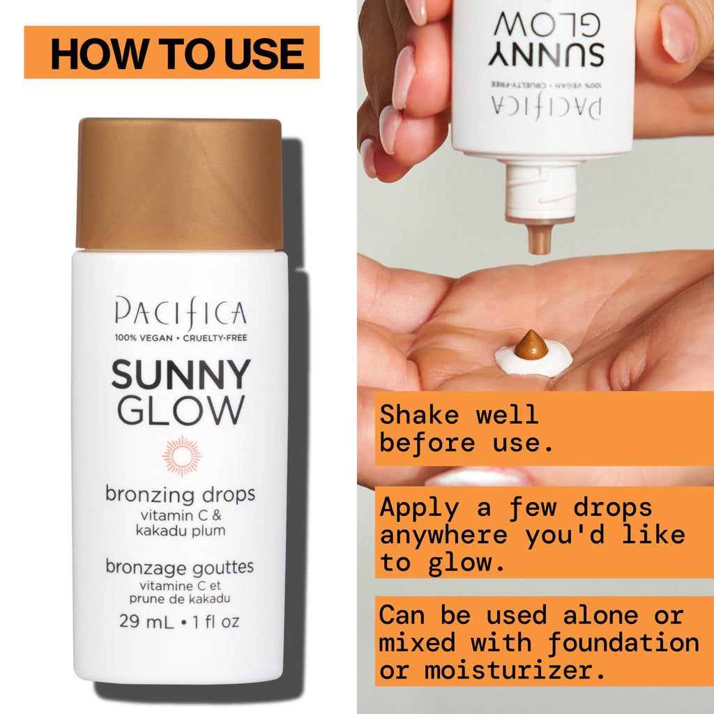 Pacifica Sunny Glow Liquid Face Bronzer Drops - Face Makeup Bronzing For Face & Cheeks for Instant Sun-Kissed Glow - Vitamin C & Glycolic Acid Infused Liquid Bronzer Illuminating Highlighting Clean