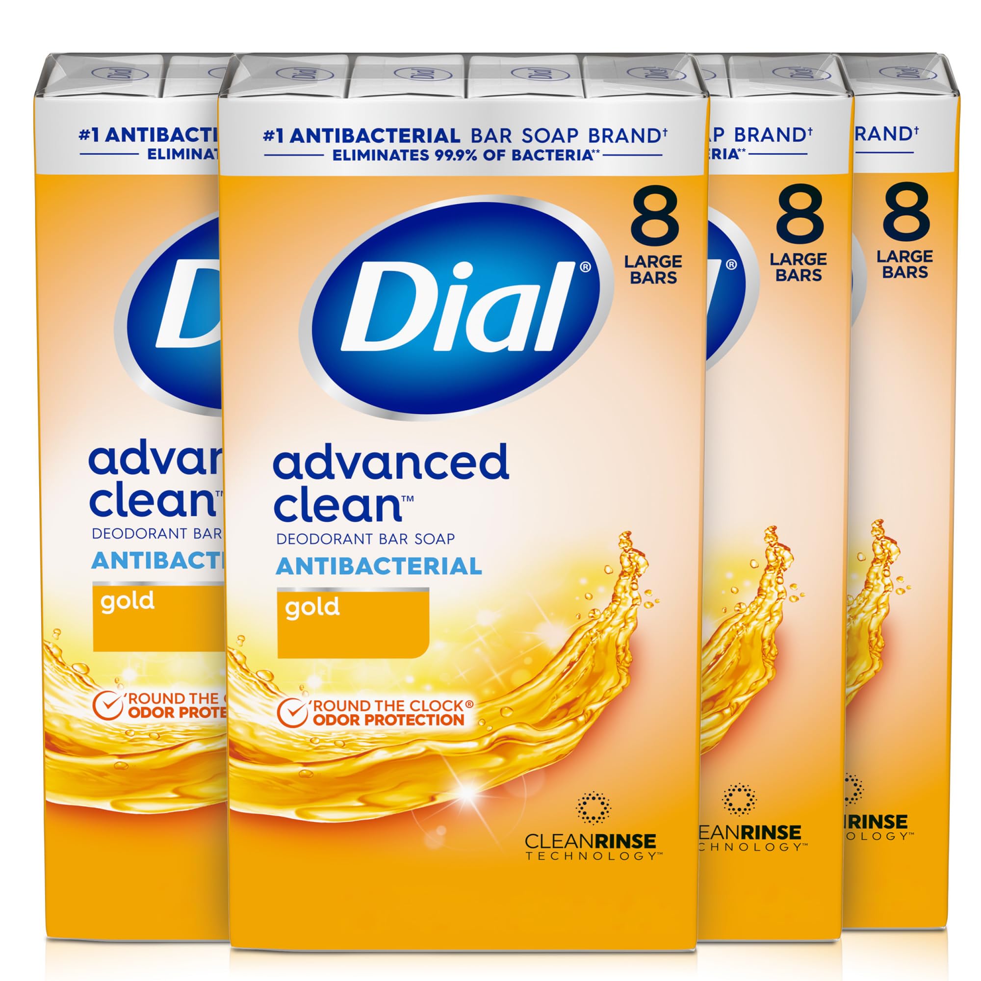 Dial Antibacterial Deodorant Bar Soap, Advanced Clean, Gold, 4 Oz, 32 Bars